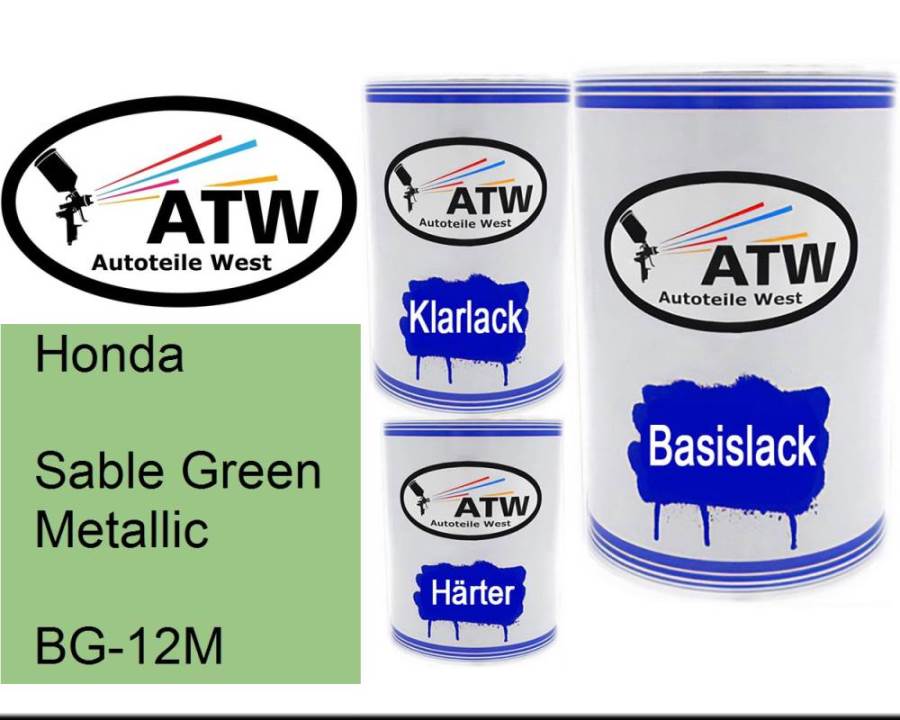 Honda, Sable Green Metallic, BG-12M: 500ml Lackdose + 500ml Klarlack + 250ml Härter - Set, von ATW Autoteile West.